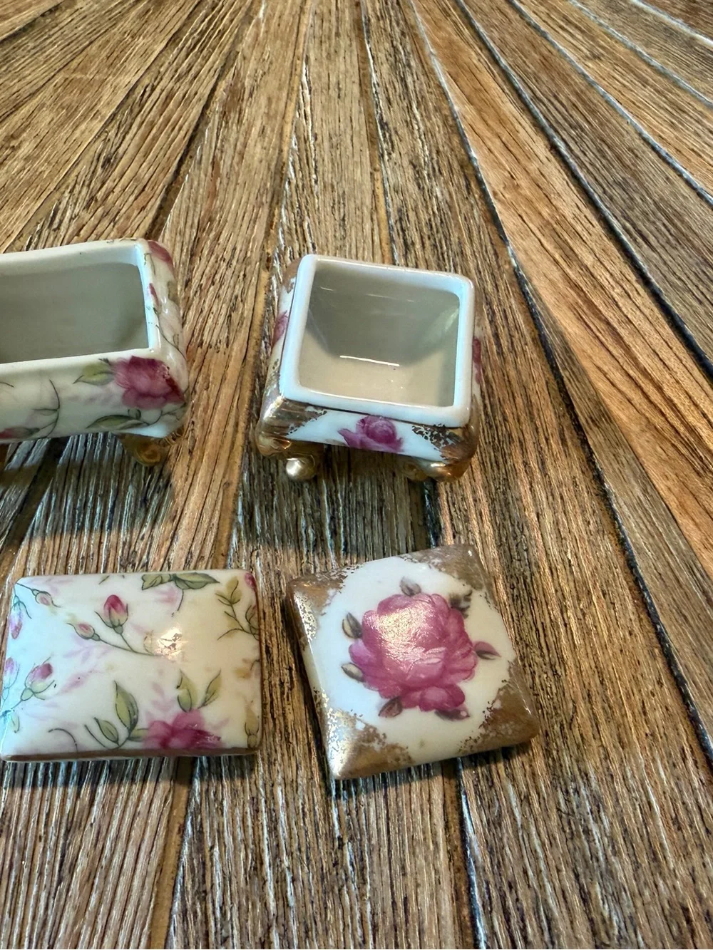 Pair Vintage Mini Porcelain Footed Trinket Boxes Pink Rose Floral Gold ring box